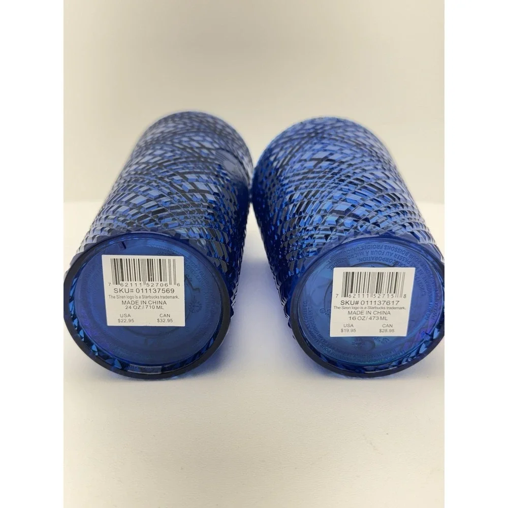 Starbucks New Blue Iridescent Grid Tumblers 24oz & 16oz Set Limited Edition Cups